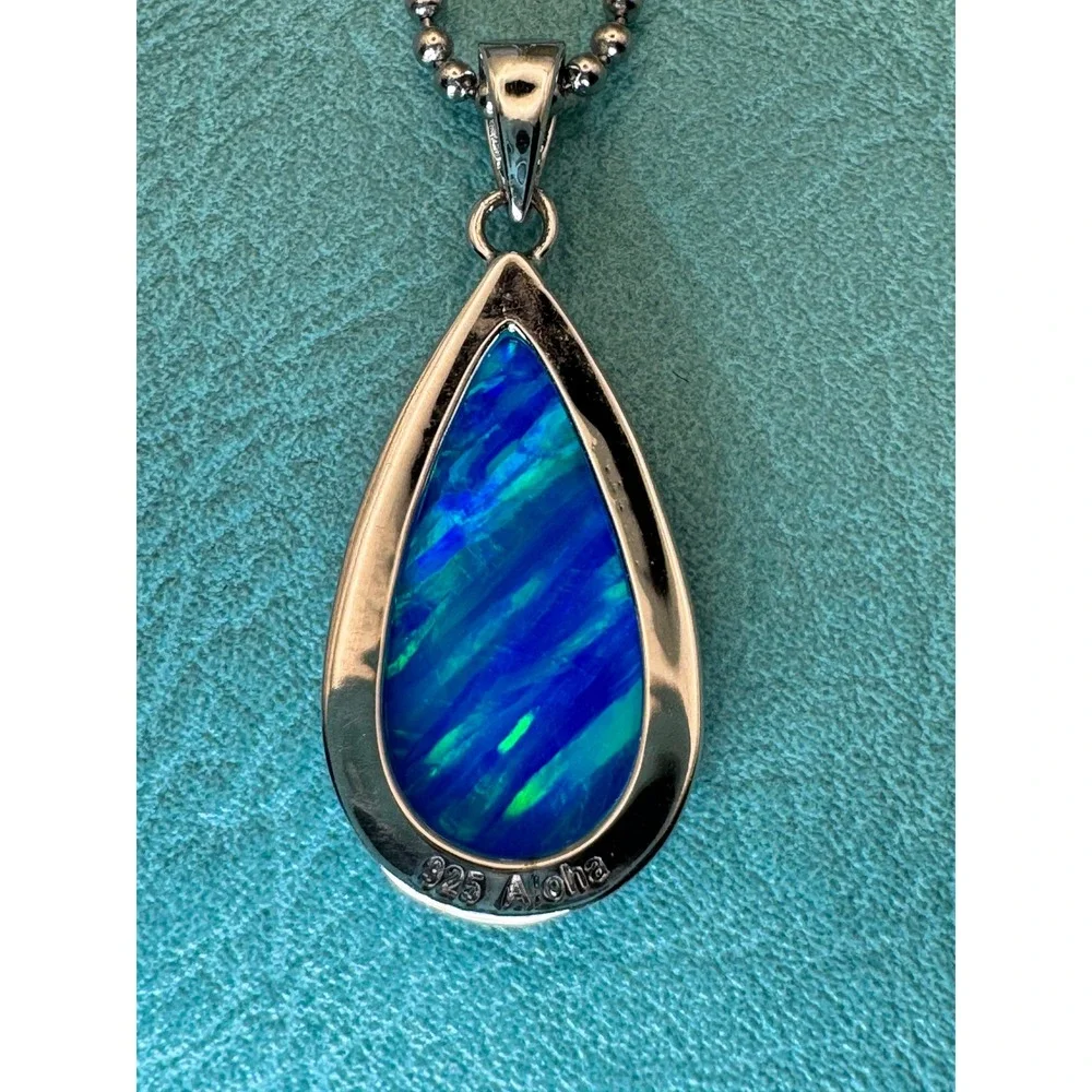 Aloha Sterling Silver Blue Lab Opal Triplet Teardrop Pendant Necklace